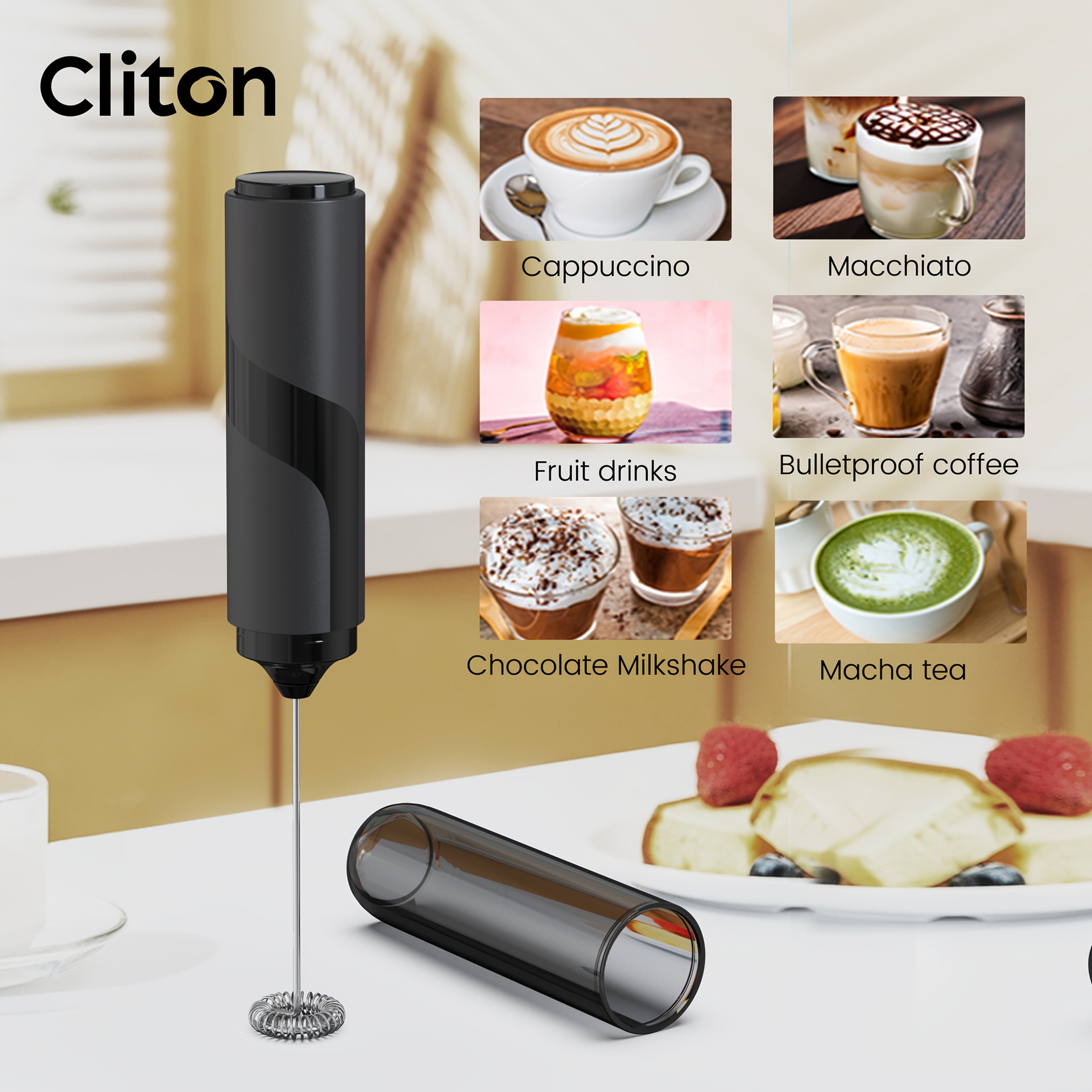 CLITON Electric Handheld Milk Frother with Storage Sleeve - Portable - Milk Shaker Suitable for Latte, Cappuccino, Protein Smoothies - Compact Milk Mixer with Froth Enhancer, Ideal for, Travel &amp; Gifts