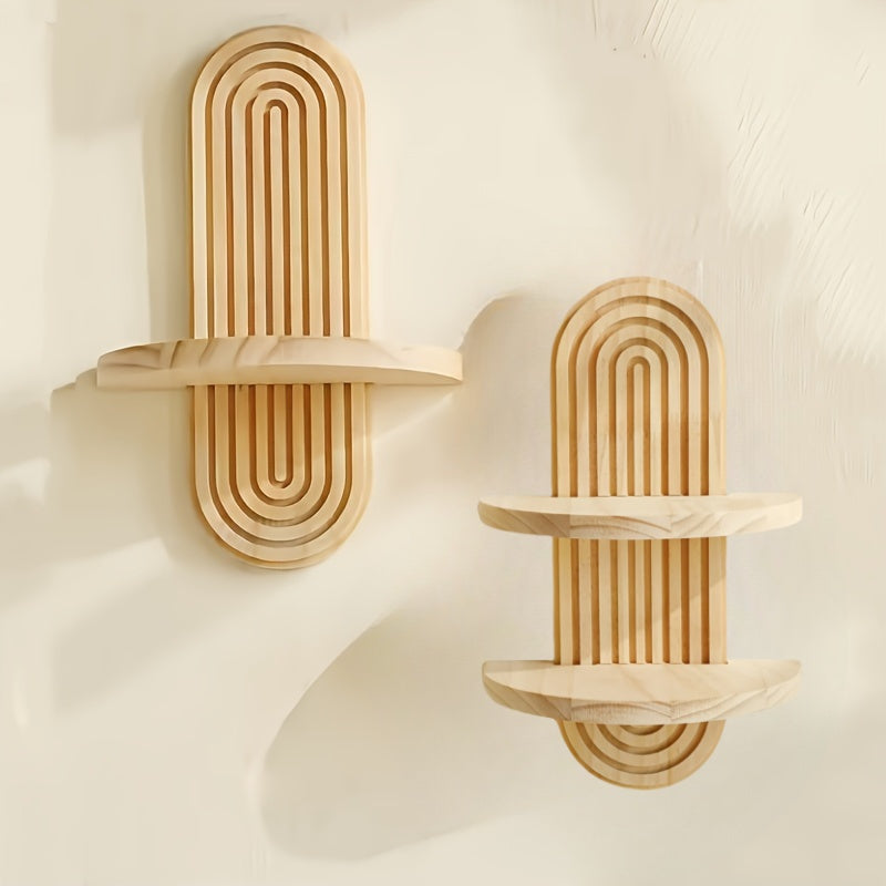 Étagère murale bois style bohème, support bougie arc-en-ciel, rangement décoratif pour chambre, cuisine, salon ou plantes.