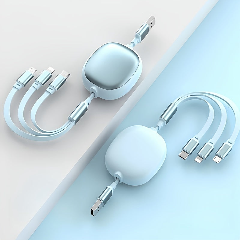 Câble USB rétractable 3-en-1, charge rapide 100 W, compatible USB-C/Micro USB/iPhone, transfert données 480 Mbps, alimentation ≤36 V.