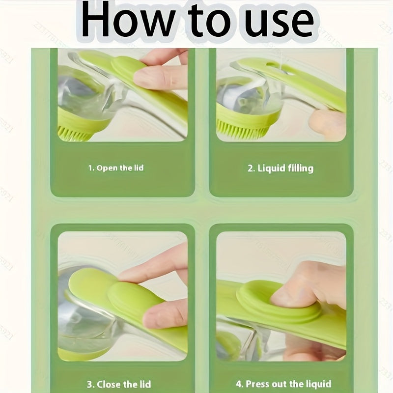 Brosse de bain douce pour chiens et chats, avec distributeur savon/shampoing, massage et nettoyage adaptés poils longs et courts.