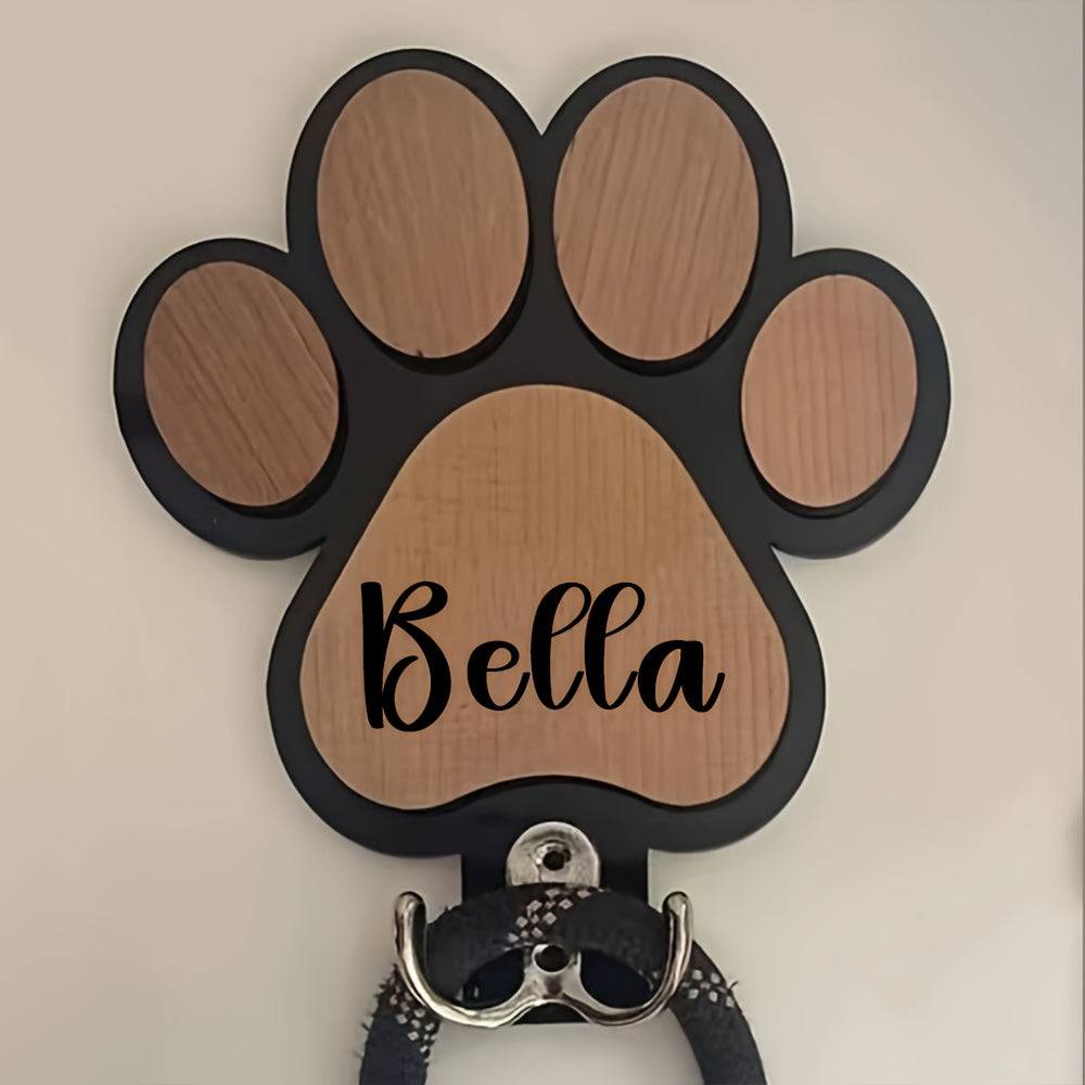 Patère murale en bois personnalisée, gravure empreinte de patte, pour laisses, colliers et manteaux, durable et décorative, cadeau idéal pour amoureux des animaux.