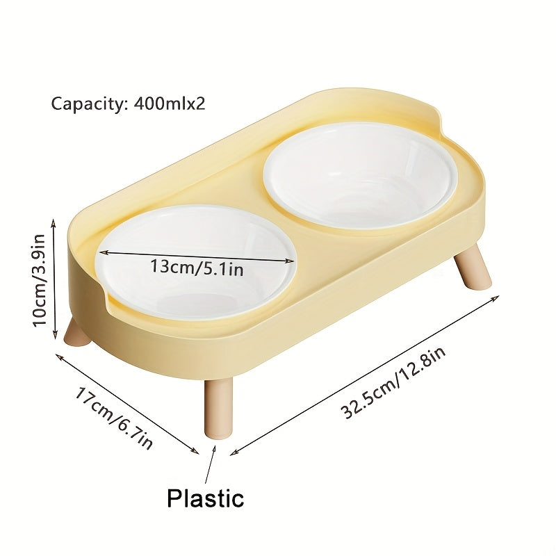 Bol double surélevé pour chats et chiens, acier inoxydable/plastique, barrière anti-éclaboussures, combine eau et nourriture pour confort et propreté.