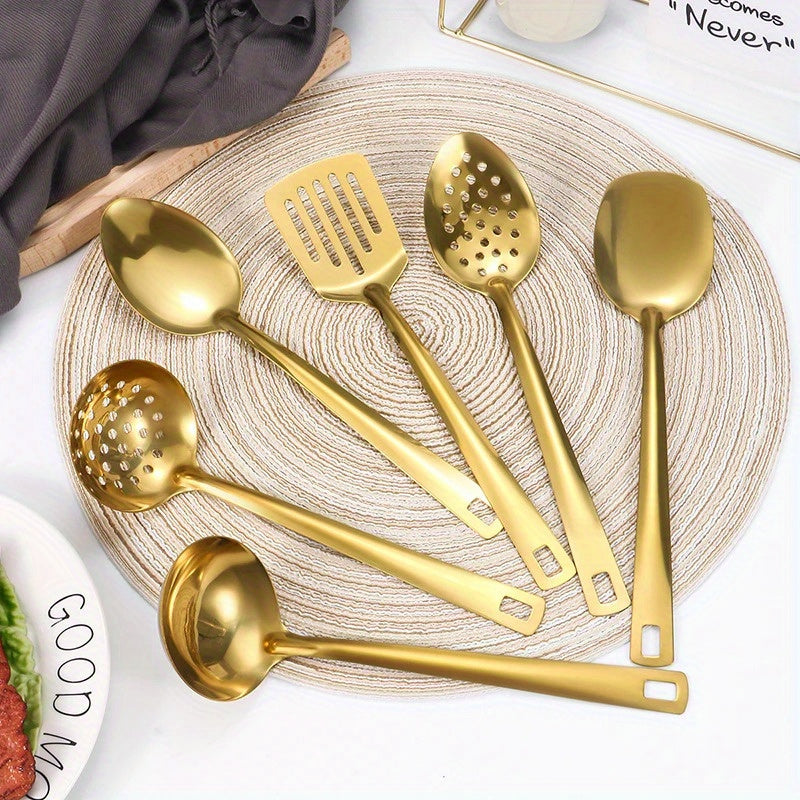 6pcs Korean-Style Stainless Steel Gold-Plated Kitchen Utensil Set: Essential Cooking Ladle, Strainer Spoon, and Frying Spatula for Home Use - Luxurious Golden Soup Spoon, Colander, and Hot Pot Ladle Perfect for Cooking, Buffe