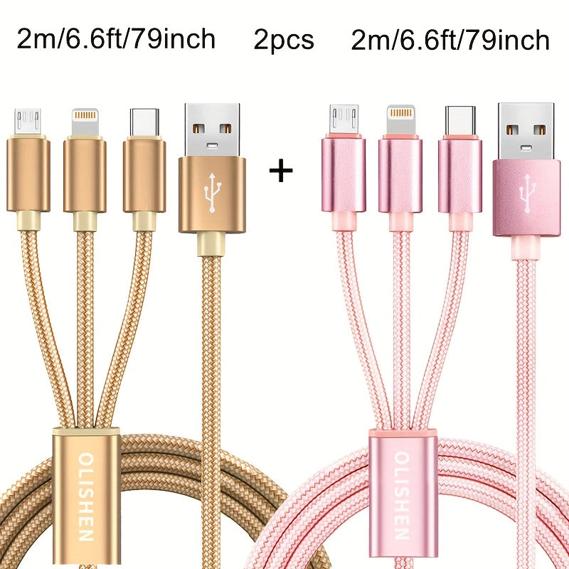 2pcs 3-in-1 Fast Charging Cable | Durable Nylon Braided, Compatible with iPhone, Samsung, Xiaomi, Oppo, Vivo, Redmi, OnePlus & More, Supports USB Charging, 10W Output Power