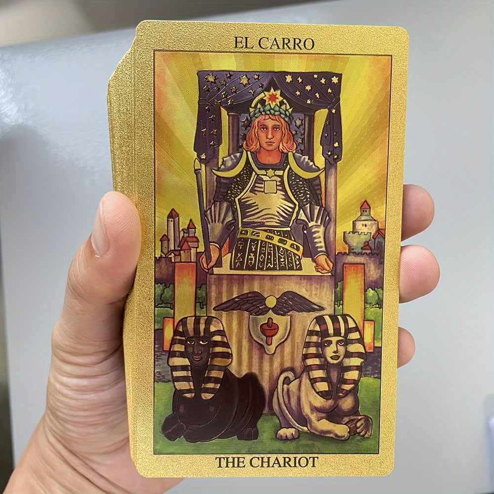 Cartes de tarot pour débutants, dorure à chaud, espagnol et anglais, 12×7 cm, livret explicatif bilingue inclus.