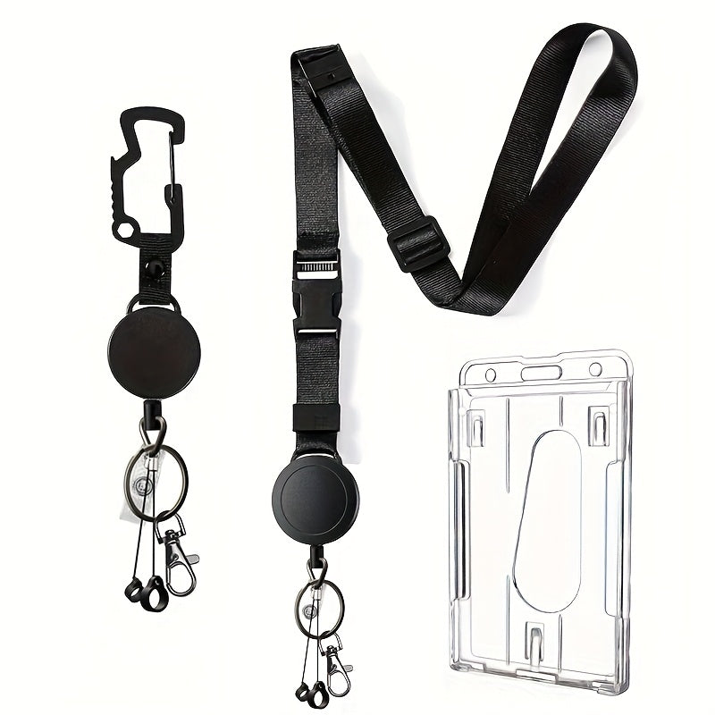 Lot de 2 porte-badges rétractables, lanière ajustable, 2 porte-stylos, clip mousqueton, idéal bureau, cartes et clés sécurisées.