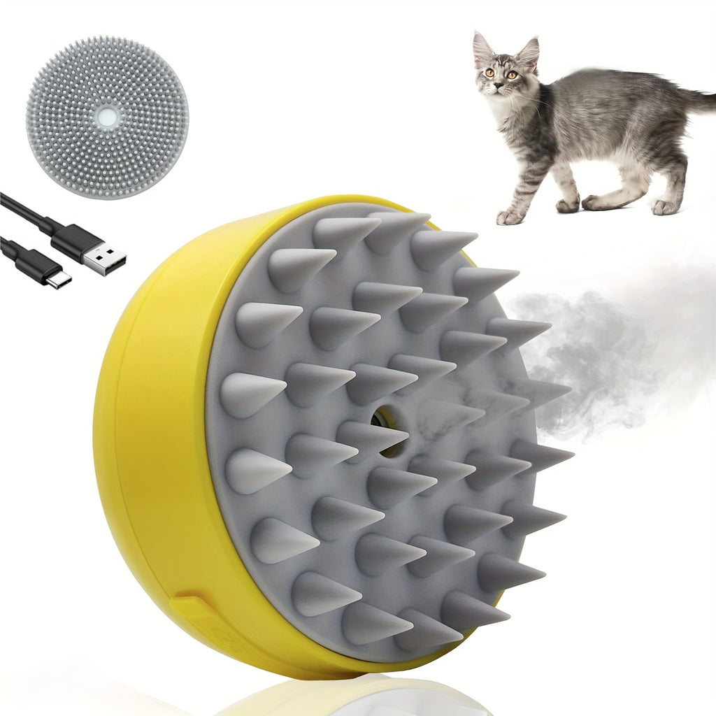 Brosse vapeur électrique 3-en-1 pour chats et chiens, motifs patte/citron, spray, massage, auto-nettoyage, retire poils morts et entretient griffes.