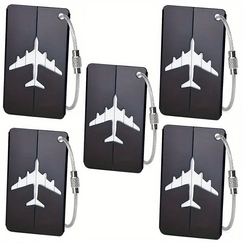 Lot de 5 étiquettes bagages en aluminium, étanches et légères, boucle acier inoxydable, design minimaliste, parfait pour voyages.