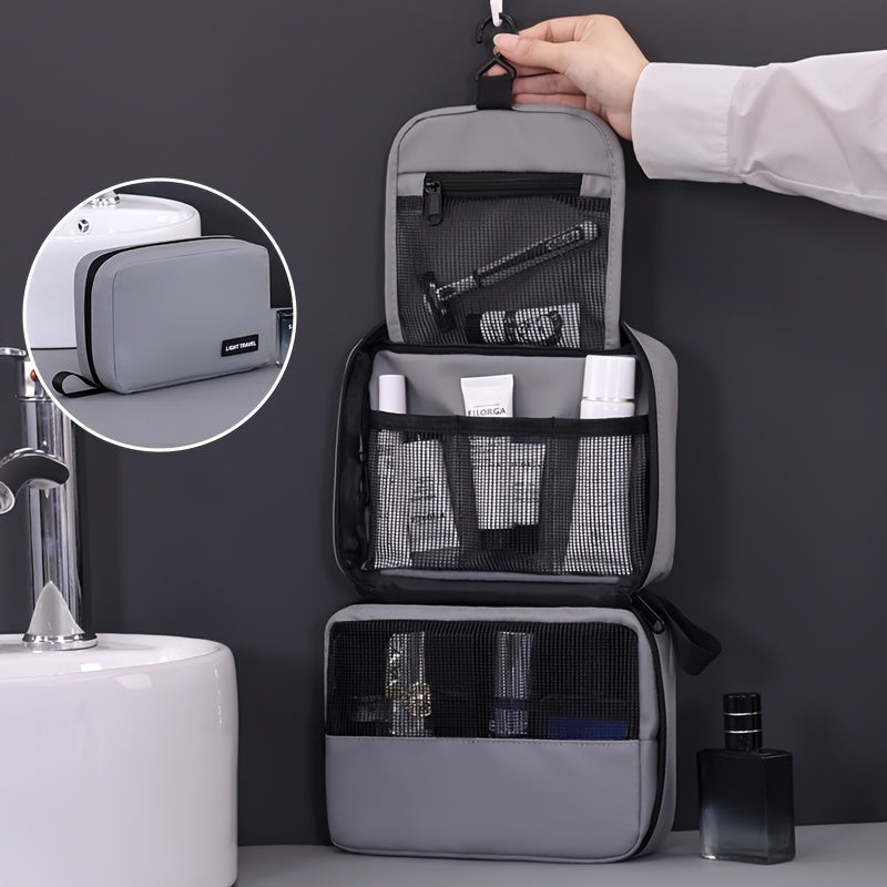 Grande trousse de toilette de voyage, résistante, multi-compartiments avec poches filet, idéale pour maquillage, salle de bain et déplacements.