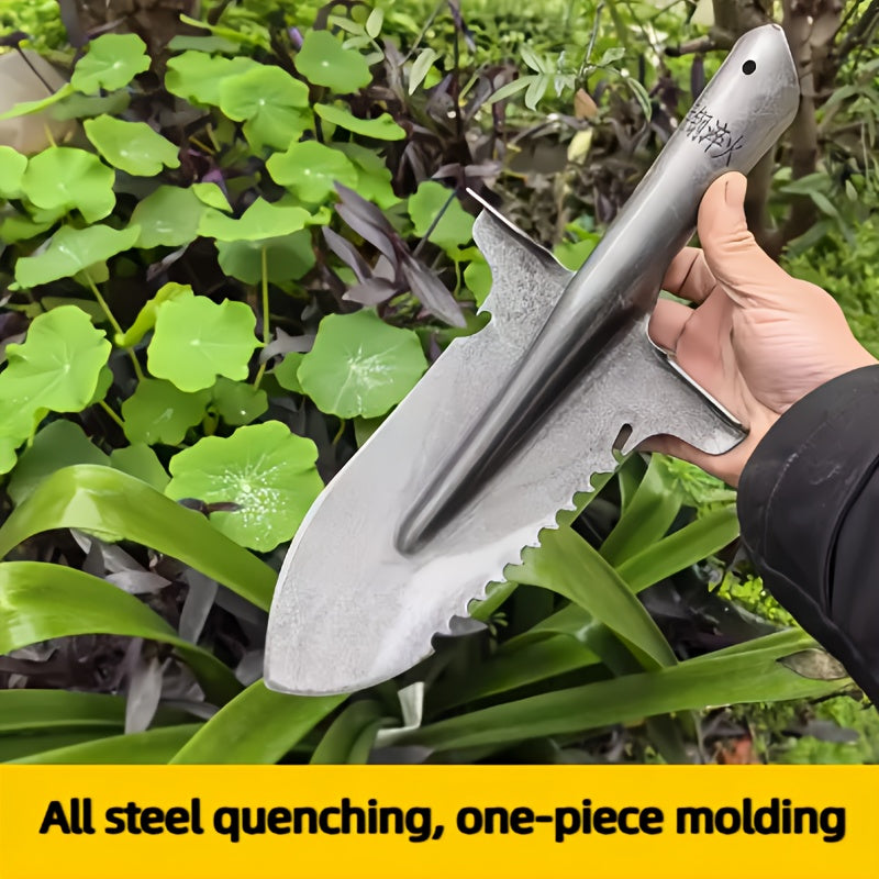 Dual-purpose serrated shovel, multi-purpose serrated shovel, manganese steel hardened shovel, sharp serrated edge, suitable for felling trees, deep digging, camping, gardening, sturdy and durable, ideal for firewood preparation