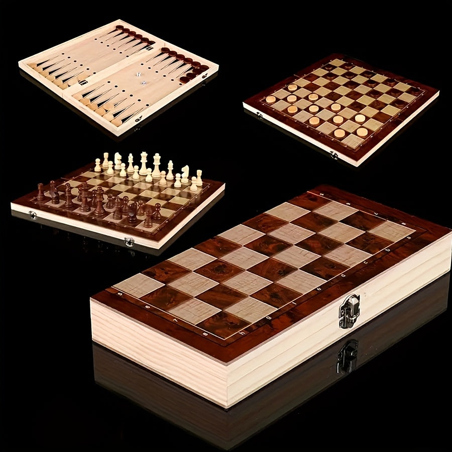 Jeu d’échecs en bois 3‑en‑1, pliable et portable, tailles 24 cm et 34 cm, idéal pour parties à emporter.