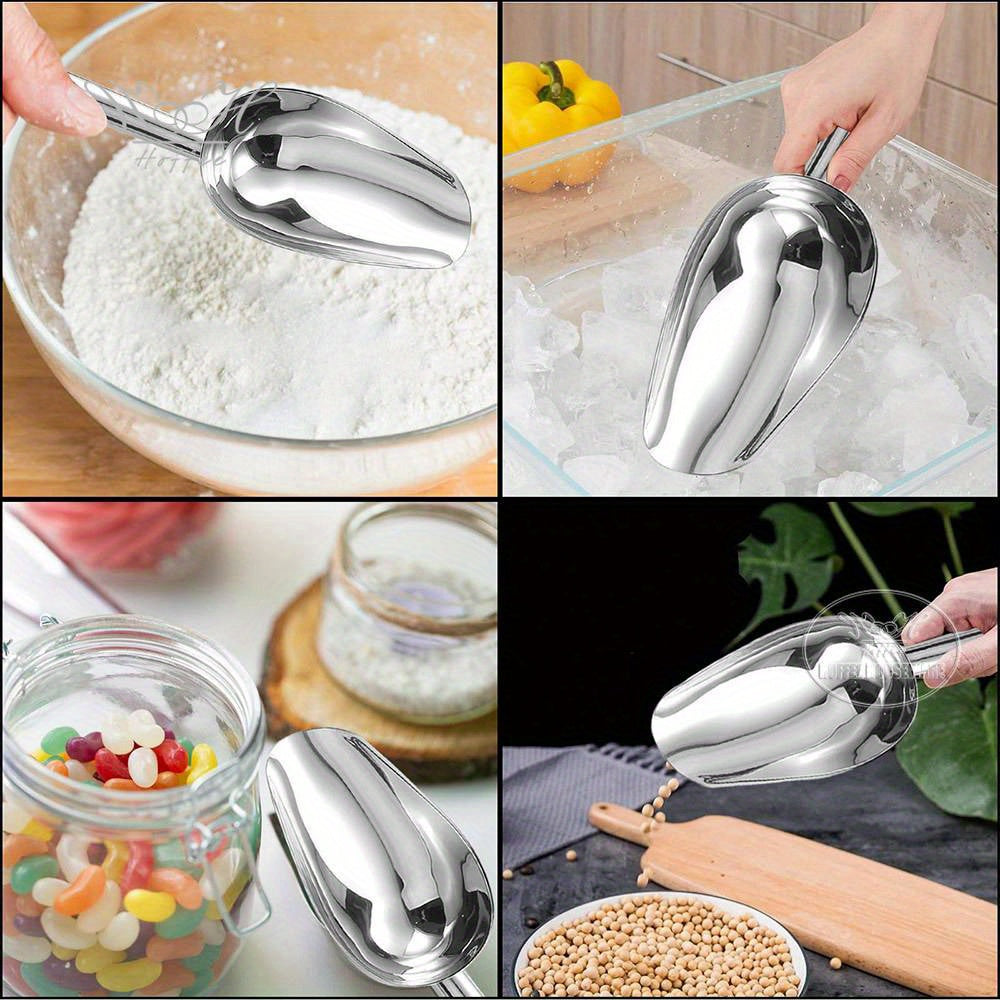 Lot de 3 pelles en acier inoxydable épaisses, multi-usages pour glace, aliments pour animaux, céréales, farine, sucre, riz, durable pour cuisine, bar ou fêtes.