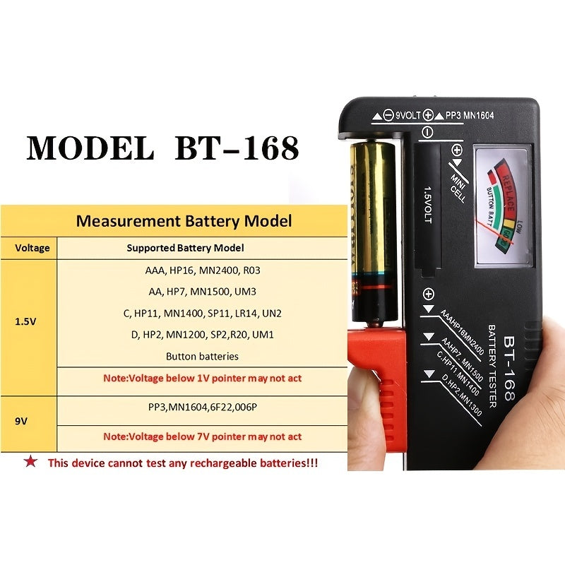 BT-168 Universal Battery Tester - Quickly Check AA/AAA/C/D/9V/1.5V Batteries with Color-Coded Meter Indicators!
