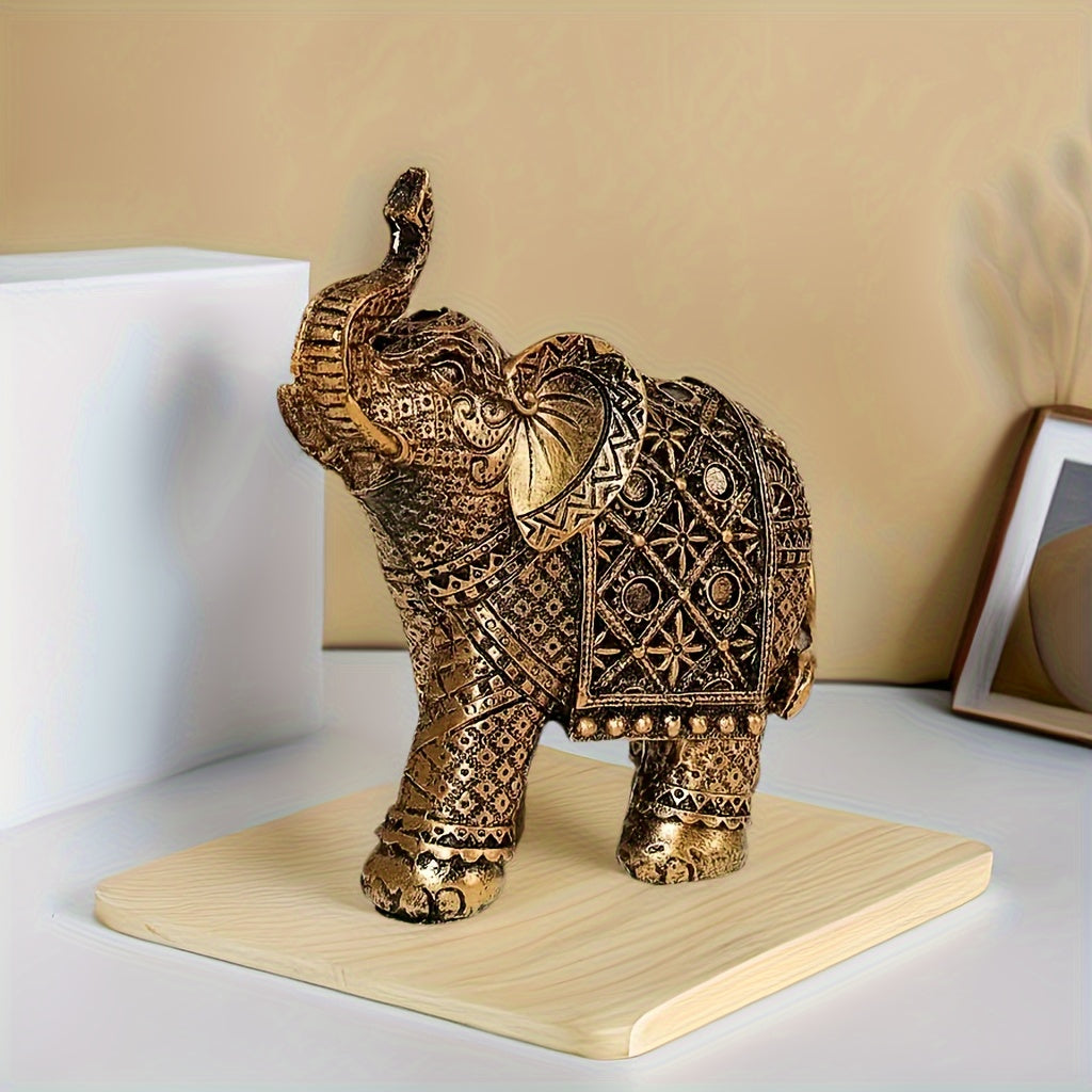 Ornement éléphant porte-bonheur Statue en résine, symbole de prospérité, décoration idéale pour étagères, salon, bureau, café ou table d’entrée.