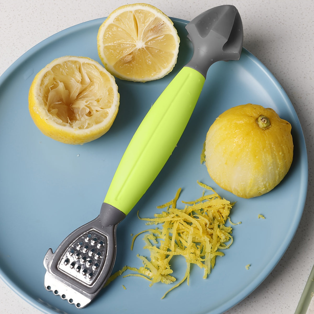 1pc Multifunctional Lemon Zester &amp; Juicer with Built-In Grater - Green Handle, Stainless Steel Blade for Easy Citrus Juicing and Grating, Perfect for Kitchen Use, Grating Accessory | Ergonomic Design | Durable Grater