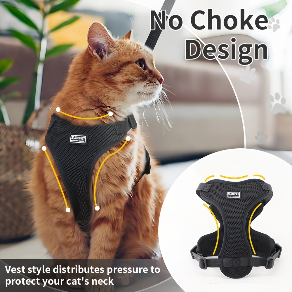 Harnais et laisse pour chat, gilet ajustable antifuîte, doux et respirant, bandes réfléchissantes, contrôle facile pour promenades sécurisées.