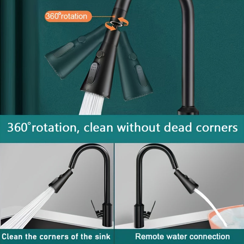 Extension de robinet 360° multifonction : trois modes d’eau, tête rotative, raclage et rinçage. Compatible diamètres 20–24 mm avec adaptateurs inclus.