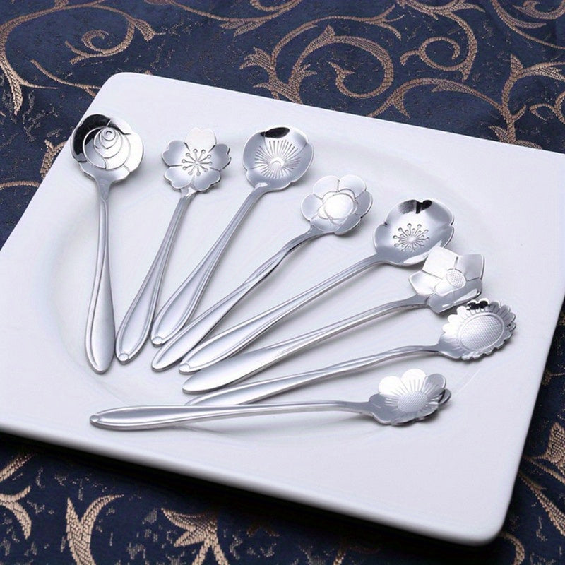 8pcs Flower Spoon Set, Small Teaspoon Coffee Spoon, Cute Ice Cream Dessert Spoon Silvery Golden Stainless Steel Spoon for Coffee Tea.