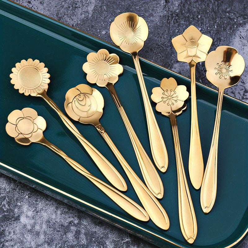 8pcs Flower Spoon Set, Small Teaspoon Coffee Spoon, Cute Ice Cream Dessert Spoon Silvery Golden Stainless Steel Spoon for Coffee Tea.