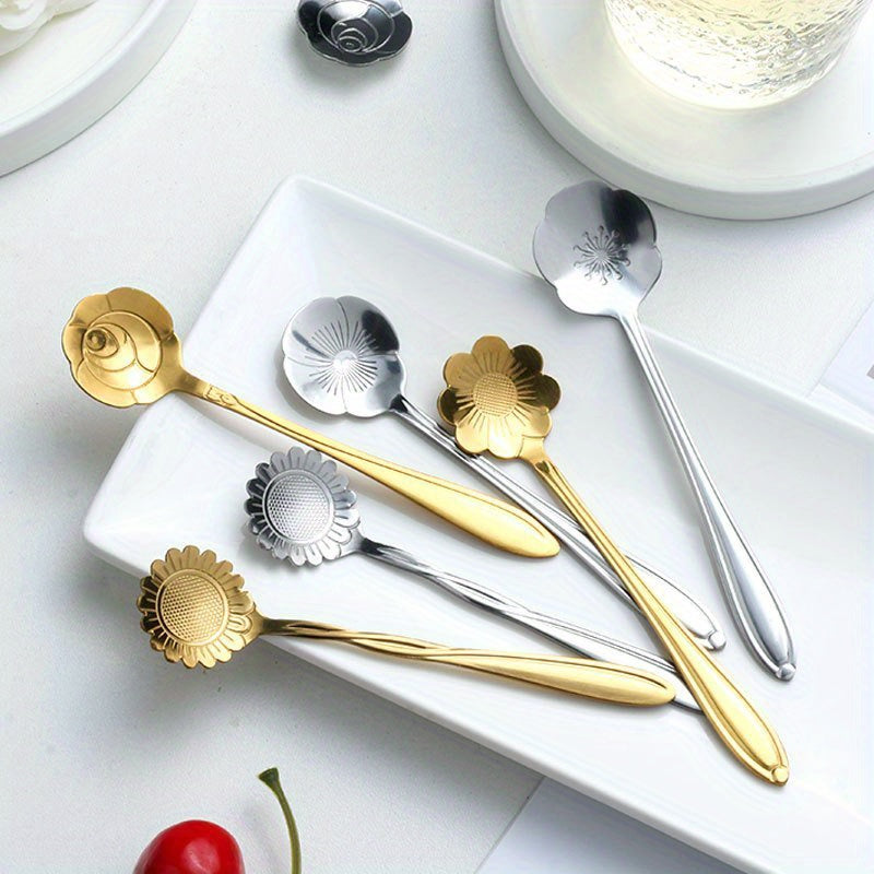 8pcs Flower Spoon Set, Small Teaspoon Coffee Spoon, Cute Ice Cream Dessert Spoon Silvery Golden Stainless Steel Spoon for Coffee Tea.