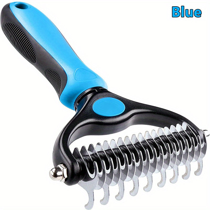 Brosse de toilettage double face pour animaux. Idéale pour l'élimination des poils morts et les nœuds, large et bleue, pour chiens et chats.