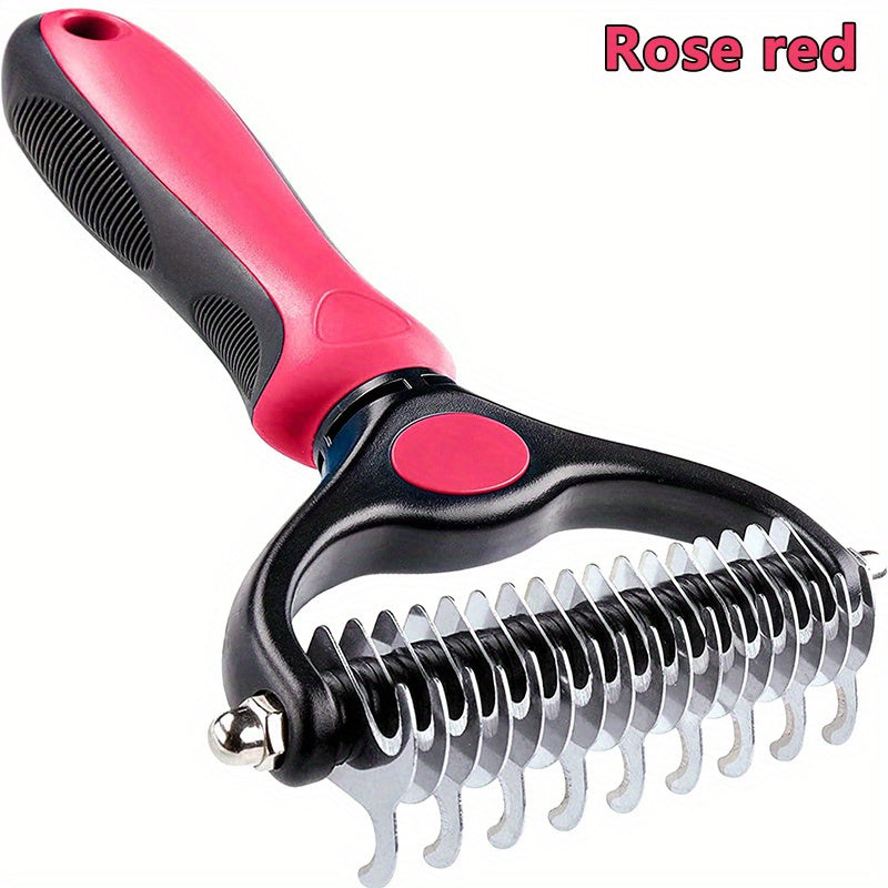 Brosse de toilettage double face pour animaux. Idéale pour l'élimination des poils morts et les nœuds, large et bleue, pour chiens et chats.