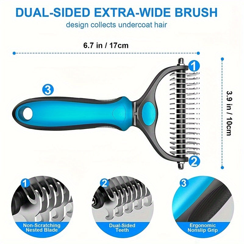 Brosse de toilettage double face pour animaux. Idéale pour l'élimination des poils morts et les nœuds, large et bleue, pour chiens et chats.