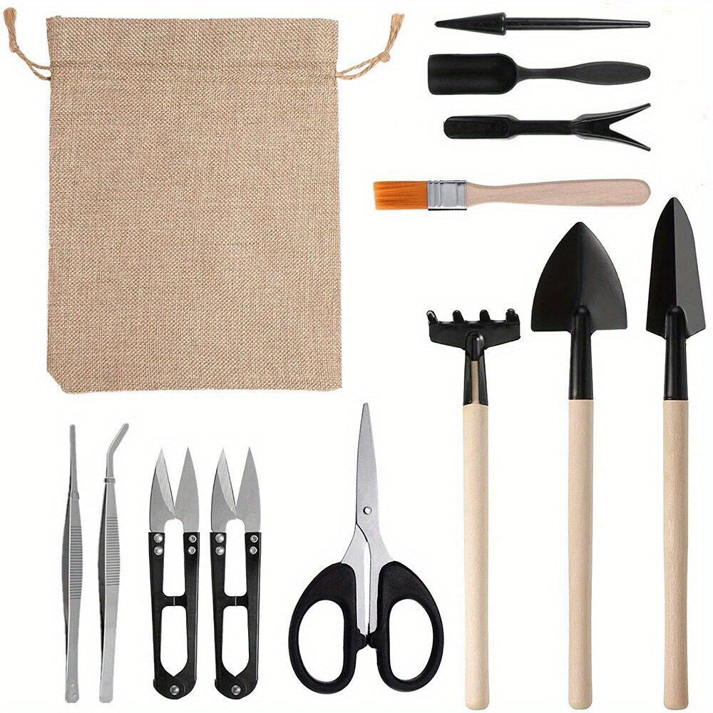 13PCS Mini Garden Hand Tools Set - Metal &amp; Wood Transplanting Shovel Kit with Fabric Pouch for Outdoor Bonsai Planting - Manual Use without Electricity