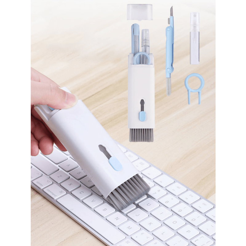 Kit de nettoyage 7-en-1 pour clavier et appareils électroniques, pinceau à poils doux, extracteur de touches, portable, poignée ergonomique, pour ordinateurs, casques et téléphones.