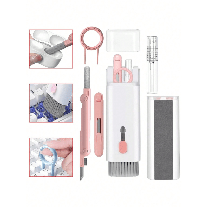 Kit de nettoyage 7-en-1 pour clavier et appareils électroniques, pinceau à poils doux, extracteur de touches, portable, poignée ergonomique, pour ordinateurs, casques et téléphones.