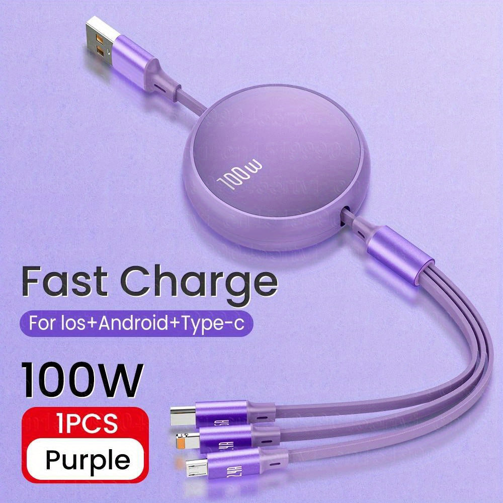 3 in 1 Retractable USB Charging Cable, 6A 100W Fast Charge, USB to Type C/Micro USB Compatible with iPhone 13/14/12/11/X, Huawei, Samsung, Data Sync 480Mbps, USB Powered, ≤36V