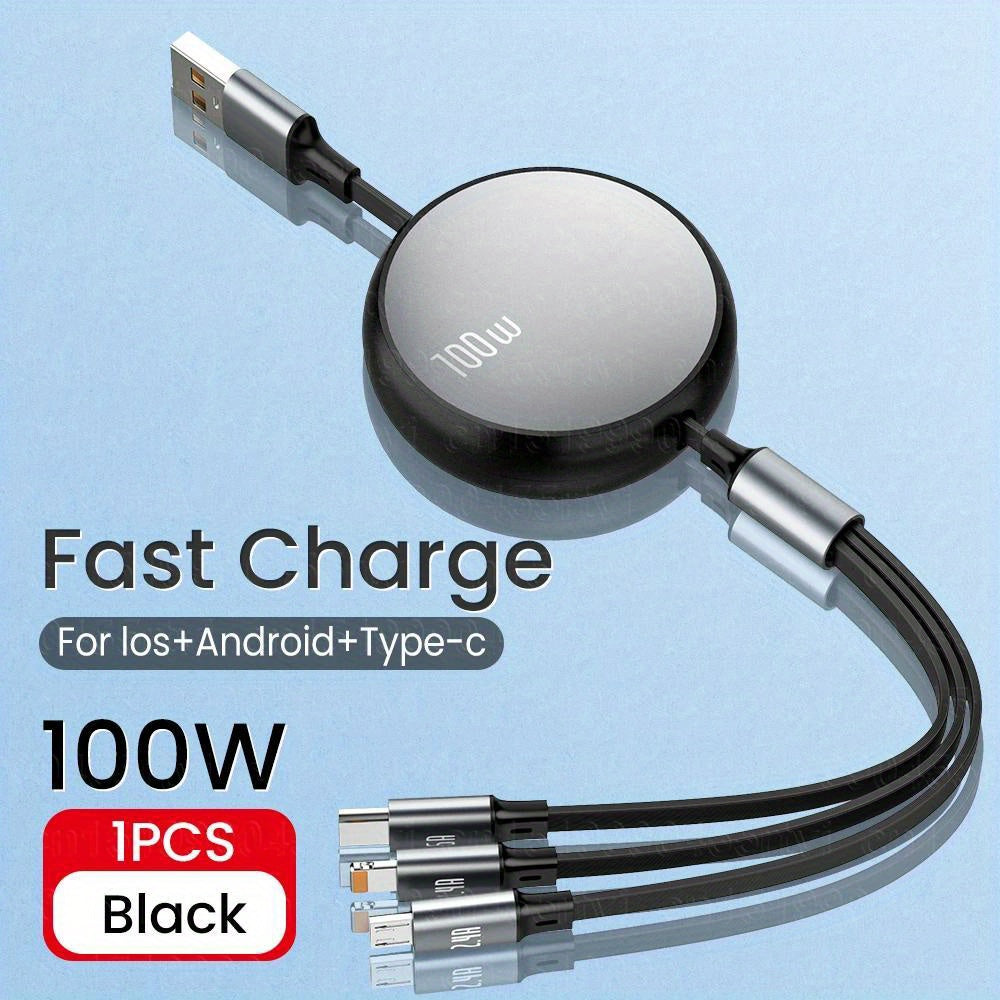 3 in 1 Retractable USB Charging Cable, 6A 100W Fast Charge, USB to Type C/Micro USB Compatible with iPhone 13/14/12/11/X, Huawei, Samsung, Data Sync 480Mbps, USB Powered, ≤36V