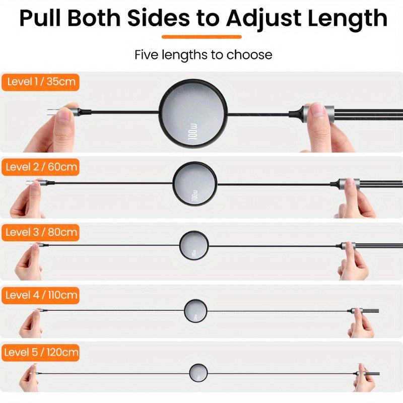 Câble de Charge Rétractable 3-en-1 : 6 A, 100 W, USB vers Type-C/Micro USB, charge rapide et synchronisation données 480 Mbps, compatible iPhone, Huawei, Samsung.