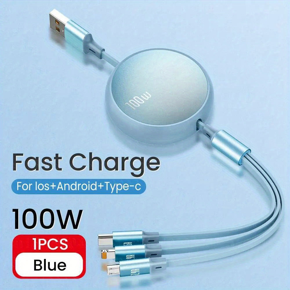 3 in 1 Retractable USB Charging Cable, 6A 100W Fast Charge, USB to Type C/Micro USB Compatible with iPhone 13/14/12/11/X, Huawei, Samsung, Data Sync 480Mbps, USB Powered, ≤36V