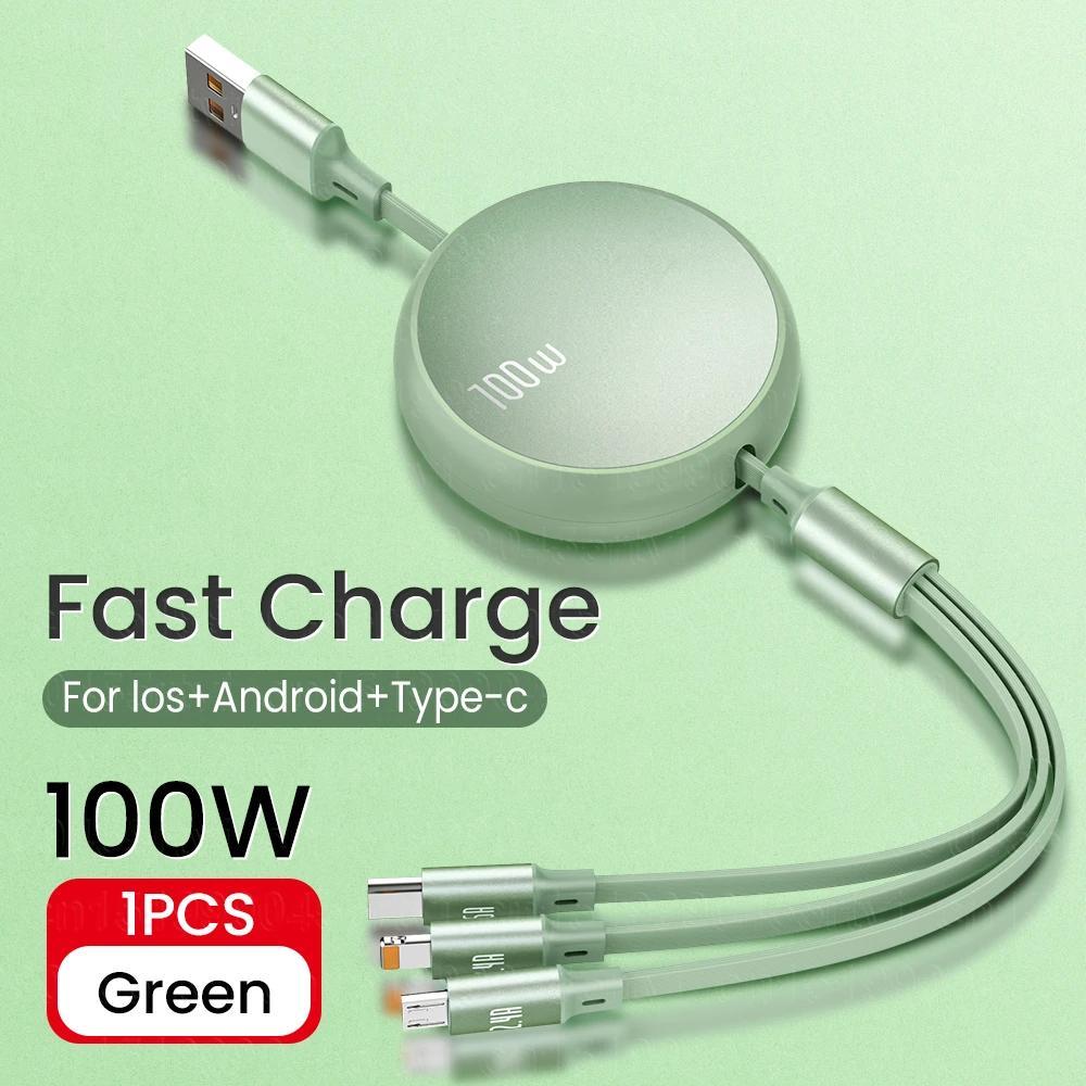 3 in 1 Retractable USB Charging Cable, 6A 100W Fast Charge, USB to Type C/Micro USB Compatible with iPhone 13/14/12/11/X, Huawei, Samsung, Data Sync 480Mbps, USB Powered, ≤36V