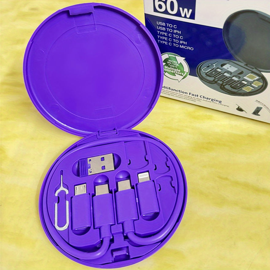 Câble USB-C 5-en-1 60 W, charge rapide, avec adaptateur, convertisseur OTG, cordon données et étui de rangement, compatible tous smartphones.