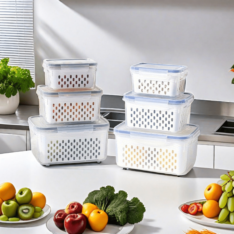 Premium Leak-Proof 4pcs/Set - Food Storage Containers, 2-Layer Airtight Design - Reusable &amp; Stackable Kitchen Organizers for Easy Meal Prep - Perfect for Fruits, Vegetables, Meat &amp; Grains