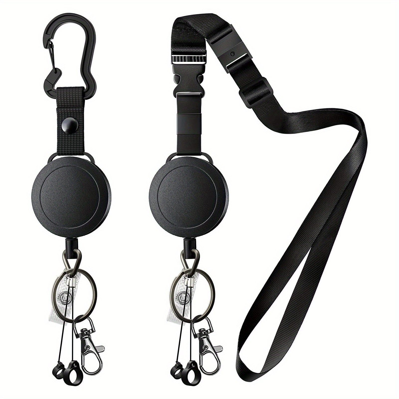 Lot de 2 porte-badges rétractables, lanière ajustable, 2 porte-stylos, clip mousqueton, idéal bureau, cartes et clés sécurisées.