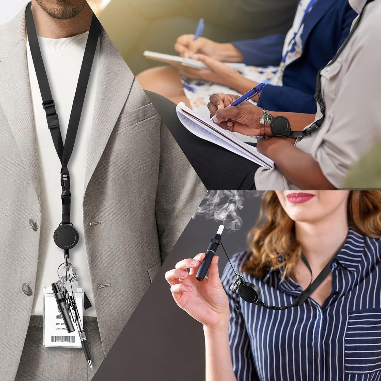 Lot de 2 porte-badges rétractables, lanière ajustable, 2 porte-stylos, clip mousqueton, idéal bureau, cartes et clés sécurisées.