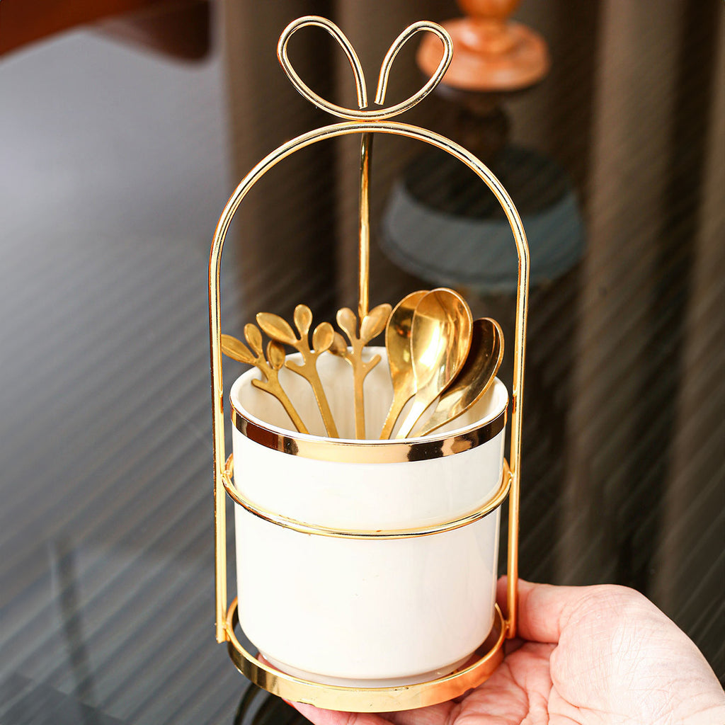 Stainless Steel Coffee Spoon Set with Storage Jar and Iron Holder - 6 Spoons, Kitchen Organizer for Home &amp; Restaurant Use