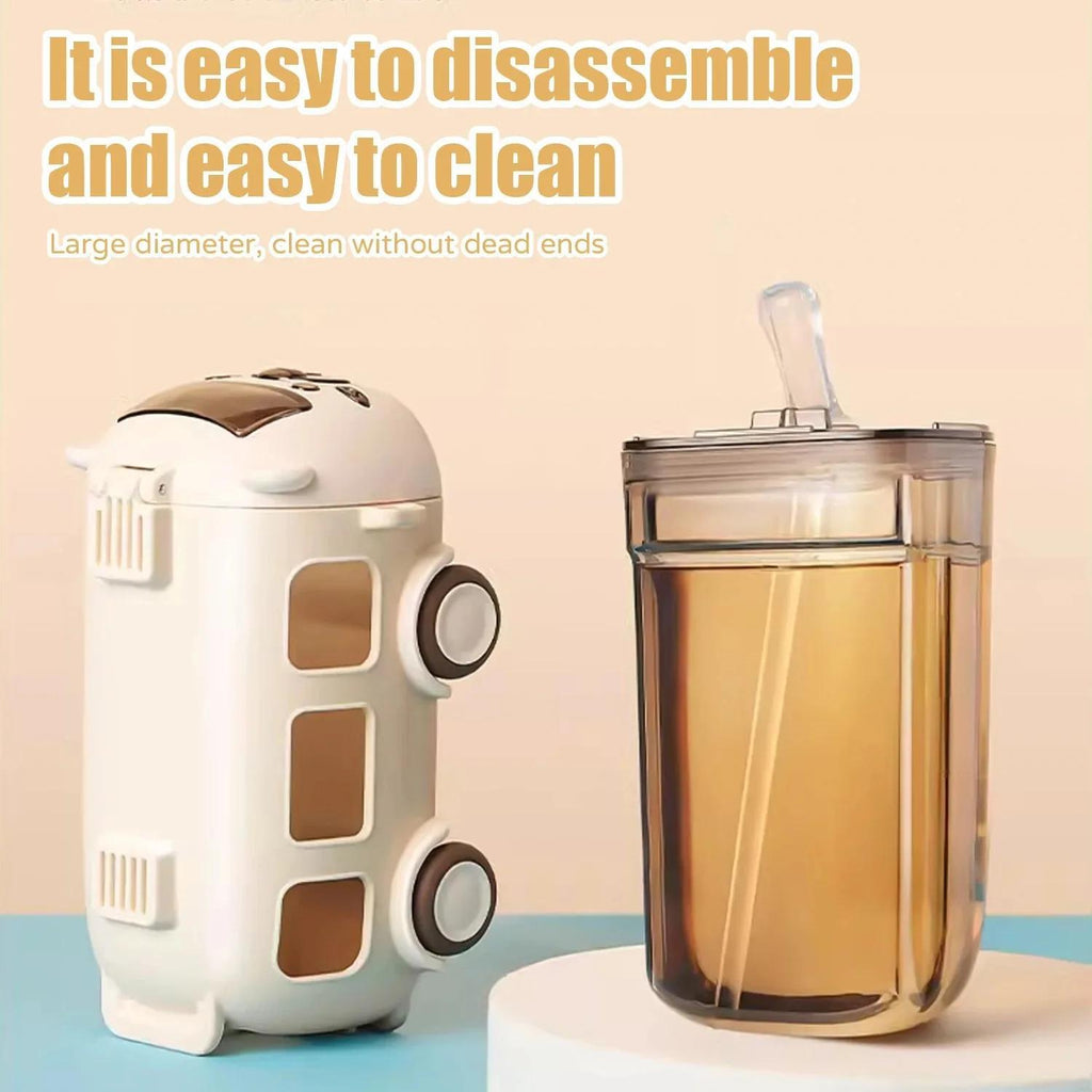 Gourde isotherme en forme de bus, 500 ml, paille et sangle, réutilisable en polycarbonate, à laver à la main.