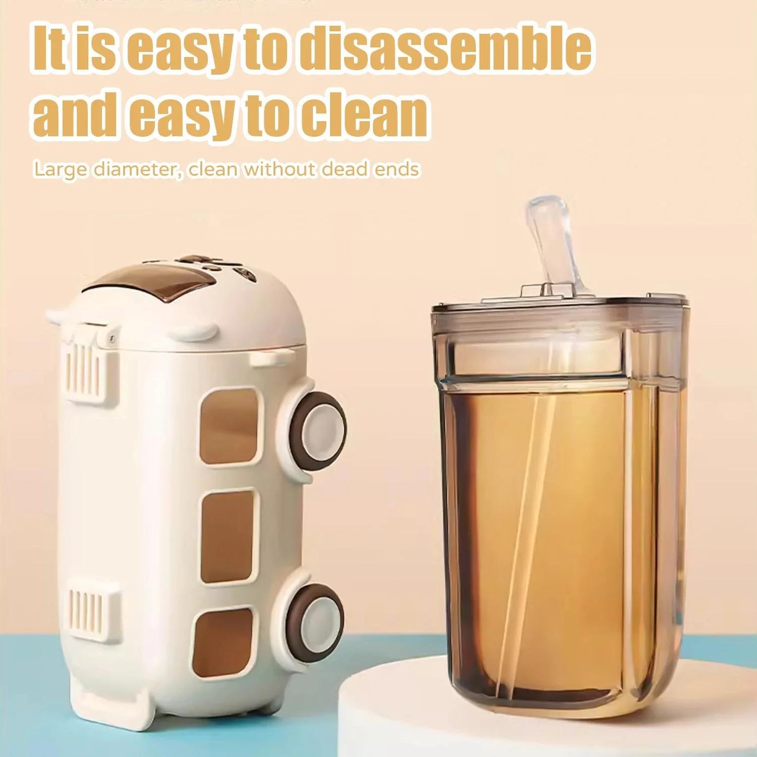 Gourde isotherme en forme de bus, 500 ml, paille et sangle, réutilisable en polycarbonate, à laver à la main.