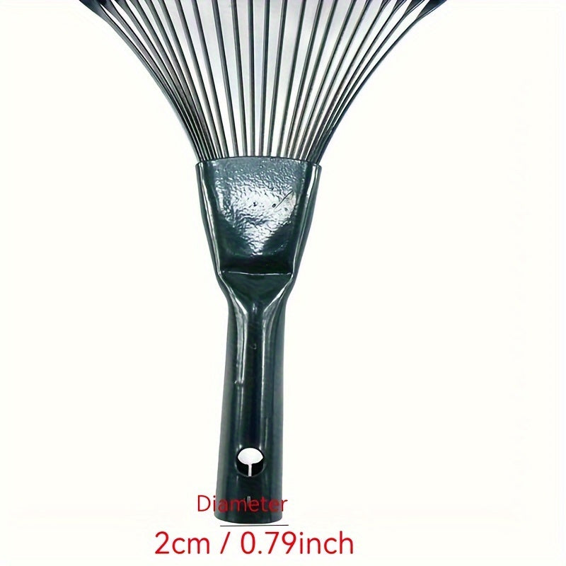 Râteau à feuilles en métal robuste, cadre en fil d’acier durable, poignée ergonomique, parfait pour entretenir pelouse, jardin et enlever feuilles et débris.