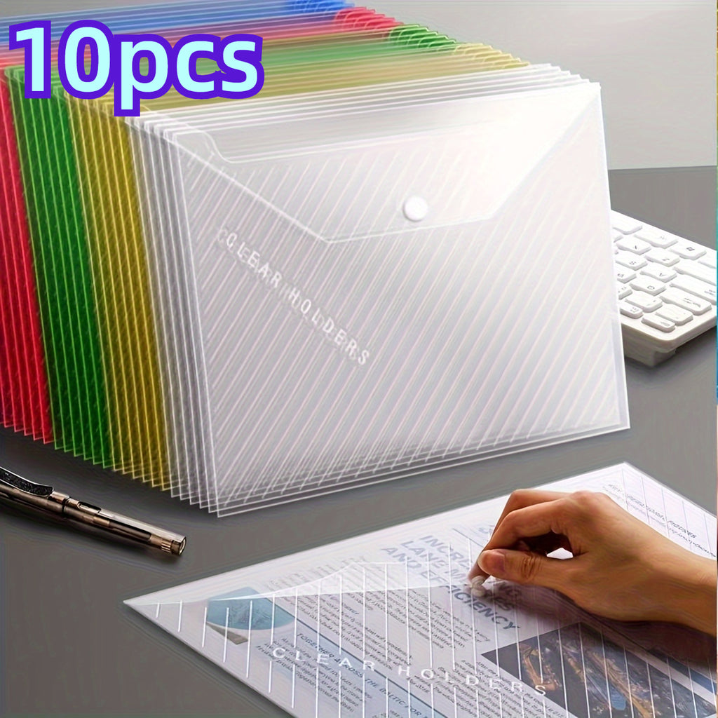10pcs, Thickened Random Color File Bag A4 Transparent Waterproof Snap Button File Bag Large Capacity Office Data File Bag Student Test Paper Bag, Back-to-School Supplies, Kawaii Stationery, School Colors, Stationery