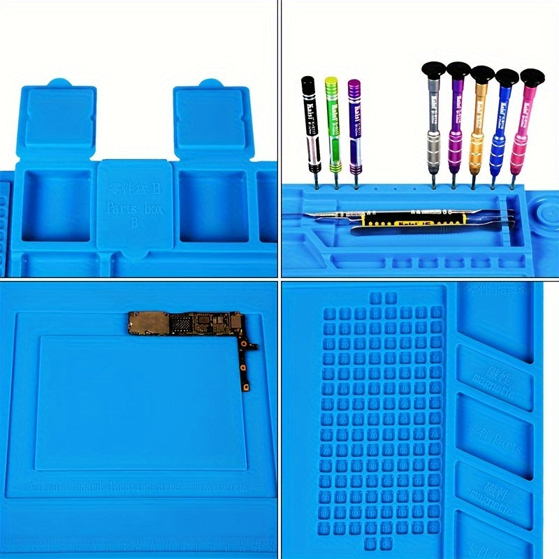 Tapis de soudure en silicone résistant à haute température, antidérapant et antistatique, avec zone magnétique, indispensable pour réparation téléphones et ordinateurs portables.