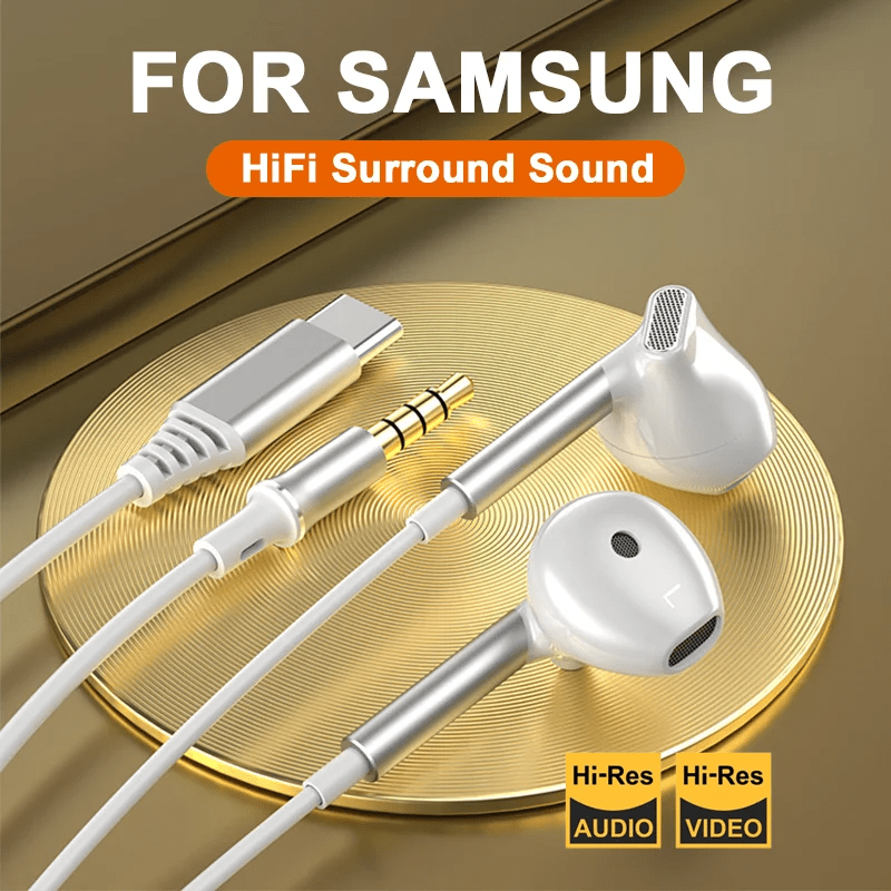 HiFi 9D Surround Sound USB Type C 3.5mm Wired Earbuds for 23 22 &amp; for iPhone 15 Pro Max - Premium Black Design, High-Resolution Audio, Comfortable Fit, Durable Plastic, Volume Control, Compatible with Smartphones, Gaming Head