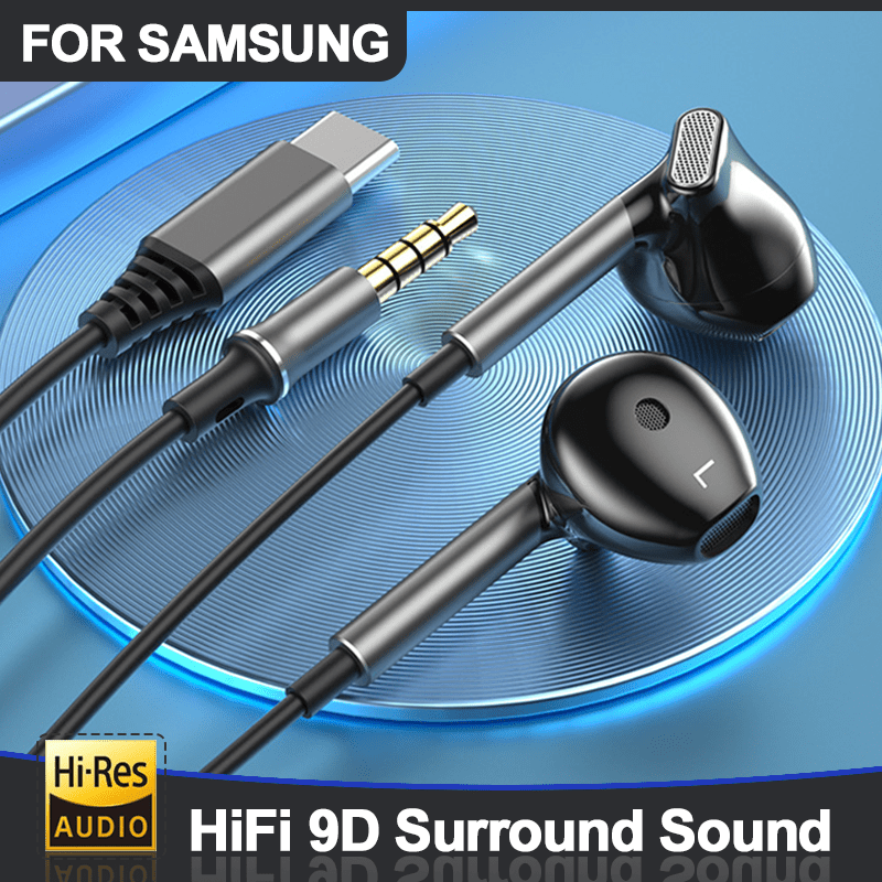 HiFi 9D Surround Sound USB Type C 3.5mm Wired Earbuds for 23 22 &amp; for iPhone 15 Pro Max - Premium Black Design, High-Resolution Audio, Comfortable Fit, Durable Plastic, Volume Control, Compatible with Smartphones, Gaming Head