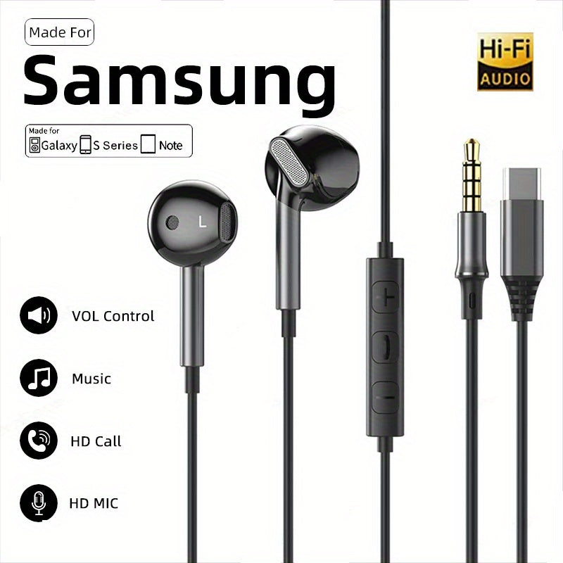 HiFi 9D Surround Sound USB Type C 3.5mm Wired Earbuds for 23 22 &amp; for iPhone 15 Pro Max - Premium Black Design, High-Resolution Audio, Comfortable Fit, Durable Plastic, Volume Control, Compatible with Smartphones, Gaming Head