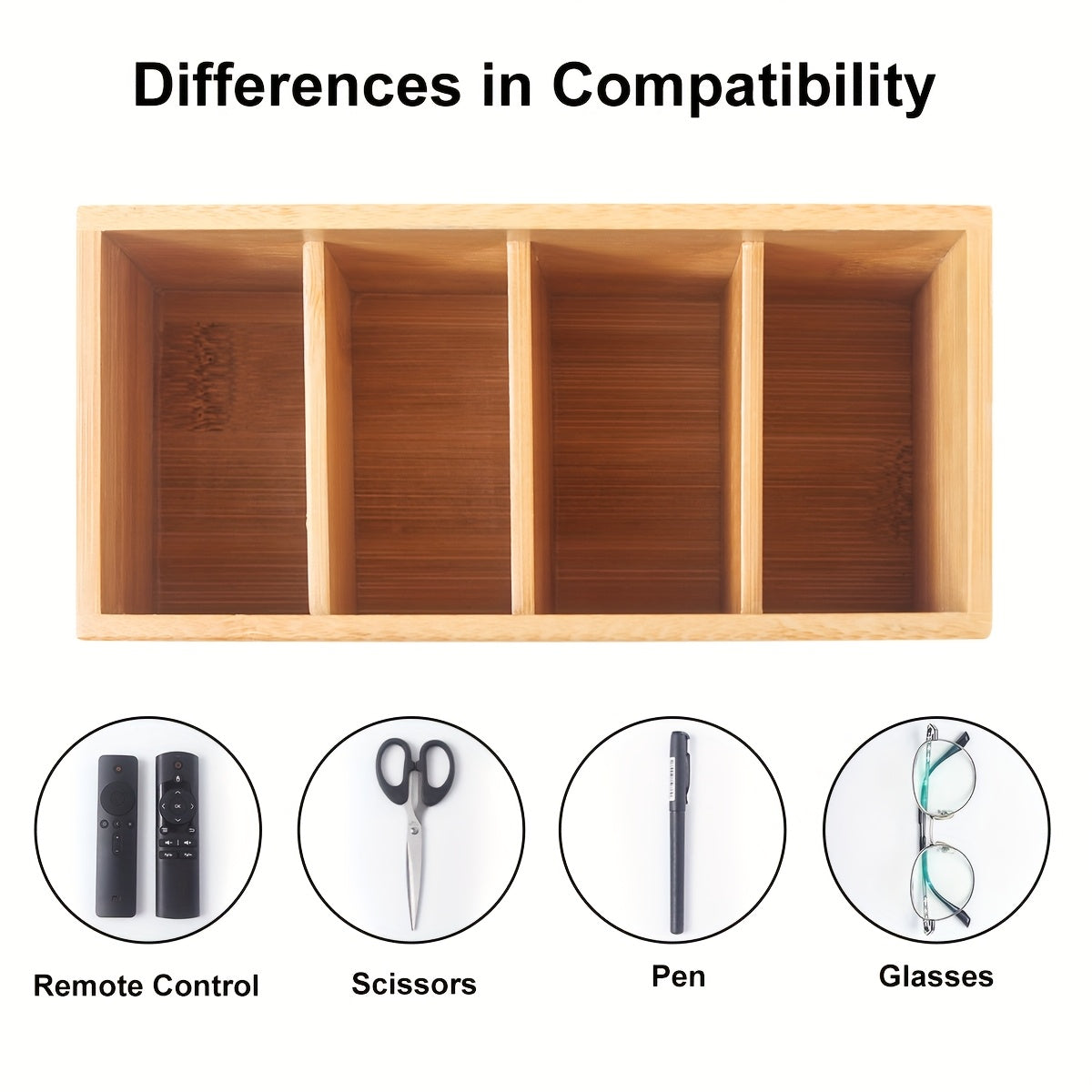 Wooden Remote Control Storage Box with Four Compartments, Suitable for Organizing Remote Controls, Makeup Brushes, And Pens in The Living Room, Bedroom, Or Office.