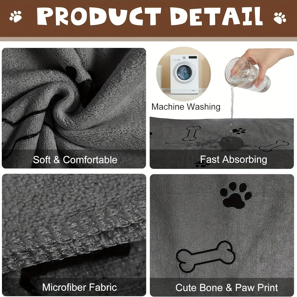Microfiber Pet Towel for Dogs, Ultra-Absorbent &amp; Quick Drying, Bone &amp; Paw Print Pattern, Machine Washable - Ideal for All Breeds &amp; Sizes